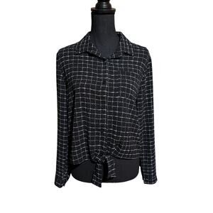 Shelly Black Semi Sheer Window Pane Plaid Blouse Top Women's Small
